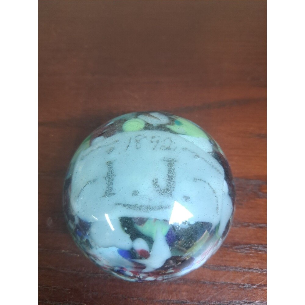 Art Glass Confettie Paperweight With 1892 I. J. Lettering Inside